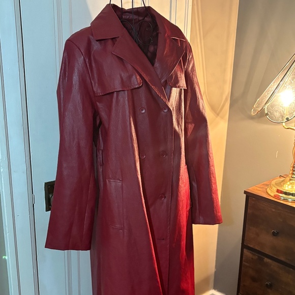 Red Faux Leather Trench Coat Long Jacket Belted Gothic Punk Matrix Style XL - Picture 1 of 5